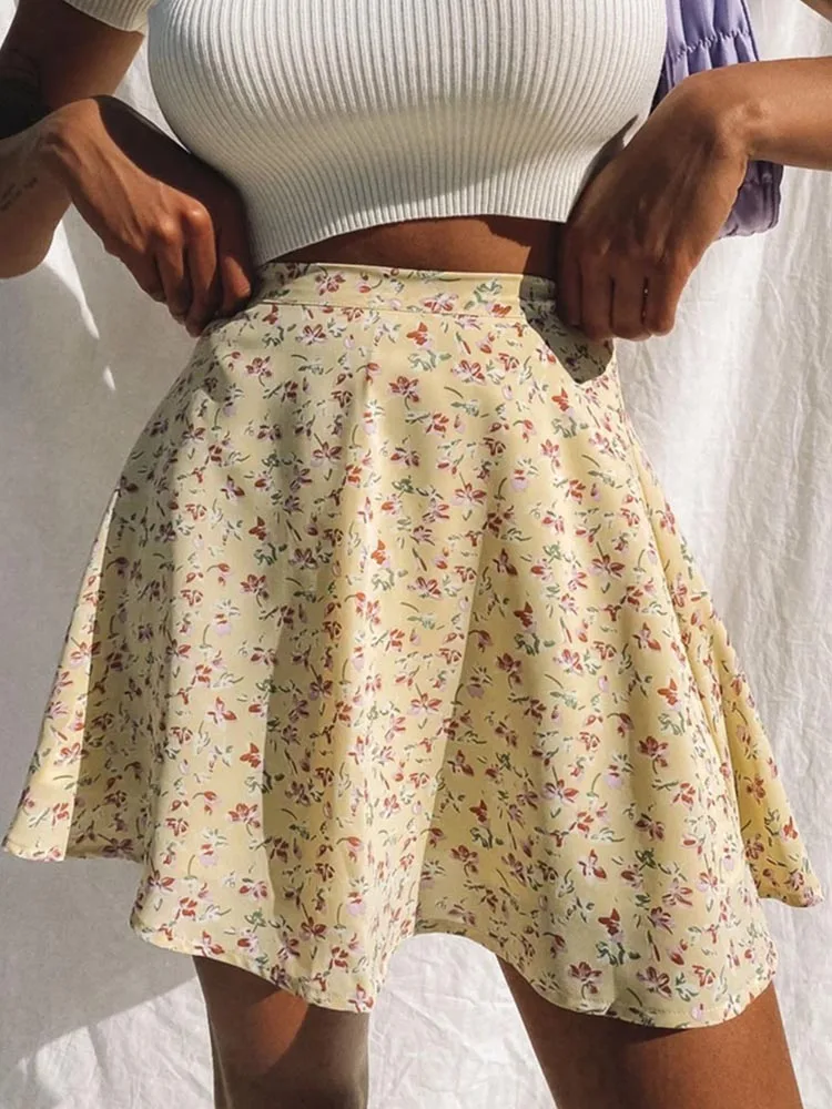 

Boho Floral Print Party Skirt Summer New High Waist Pleated Skirt Short Beach Sexy Frills Mini Skirts For Women 2023