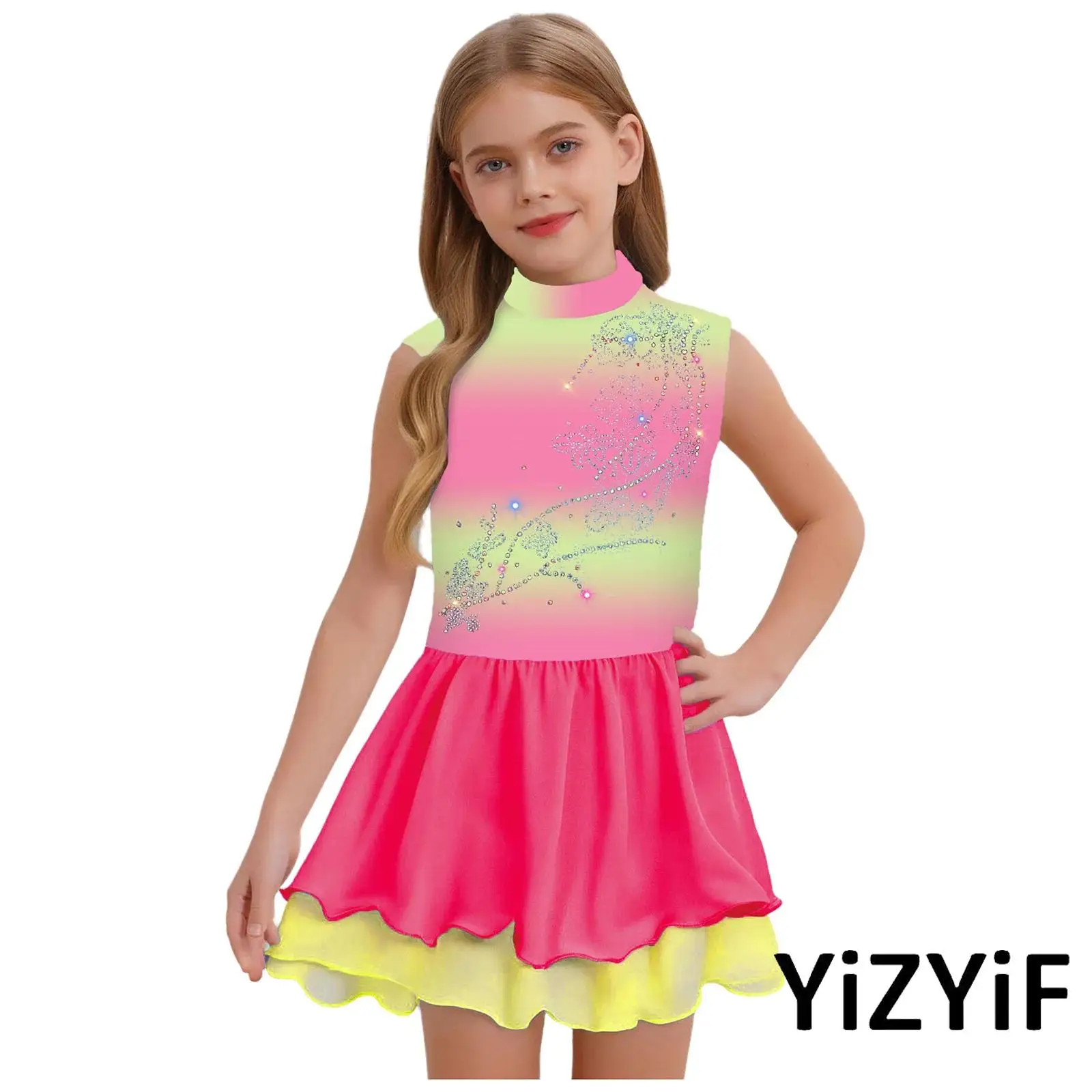 Meisjes Kunstschaatsen Dansjurk Gradiënt Mouwloos Keyhole Back Sparkly Strass Jurk Ballet Turnpakje Jurk Danskleding
