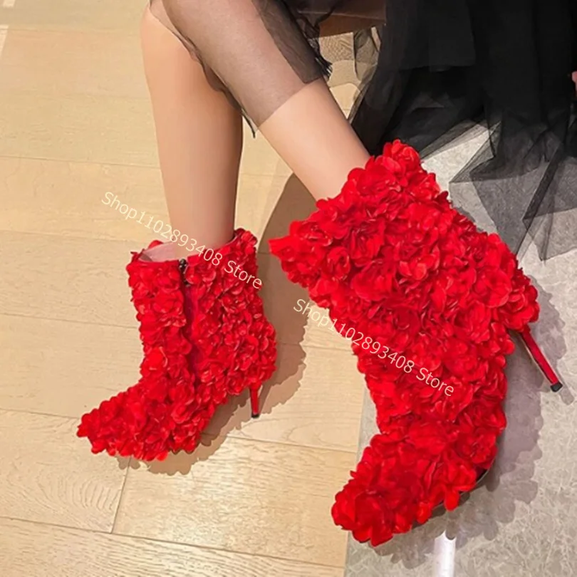 Rose Flower Decor Ankle Boots Side Zipper Solid Stiletto High Heels Women Autumn Elegant Dress Shoes 2023 Zapatos Para Mujere