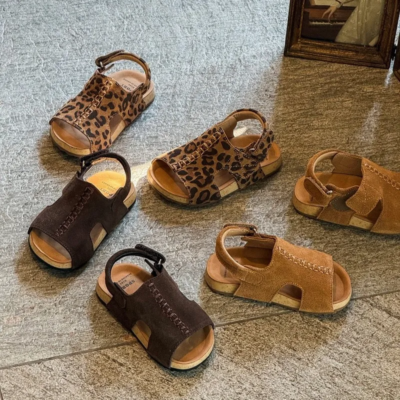 Korean Style New Children's Sandals Leopard Print Beach Shoes Soft Sole Anti-Slip Boys and Girls Retro Frosted Casual Footw