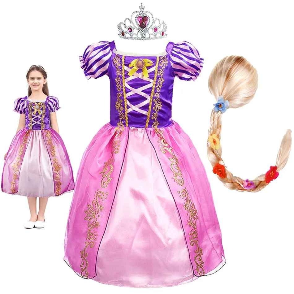 Children Rapunzel Dress Summer Party Princess Fancy Costume Girls Christmas Birthday Tangled Disguise Carnival Clothing with Wig