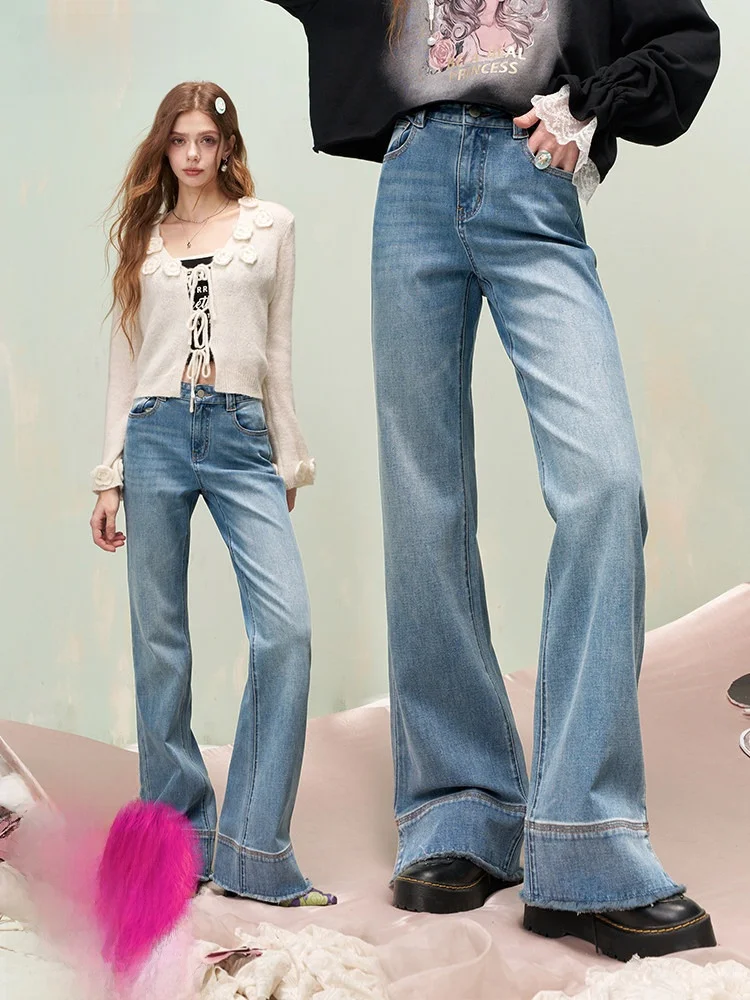 

Light Wash Bell Bottom Jeans High Waist Women's Spring Early Modern Party Frayed Casual Style Standard Fit No Stretch