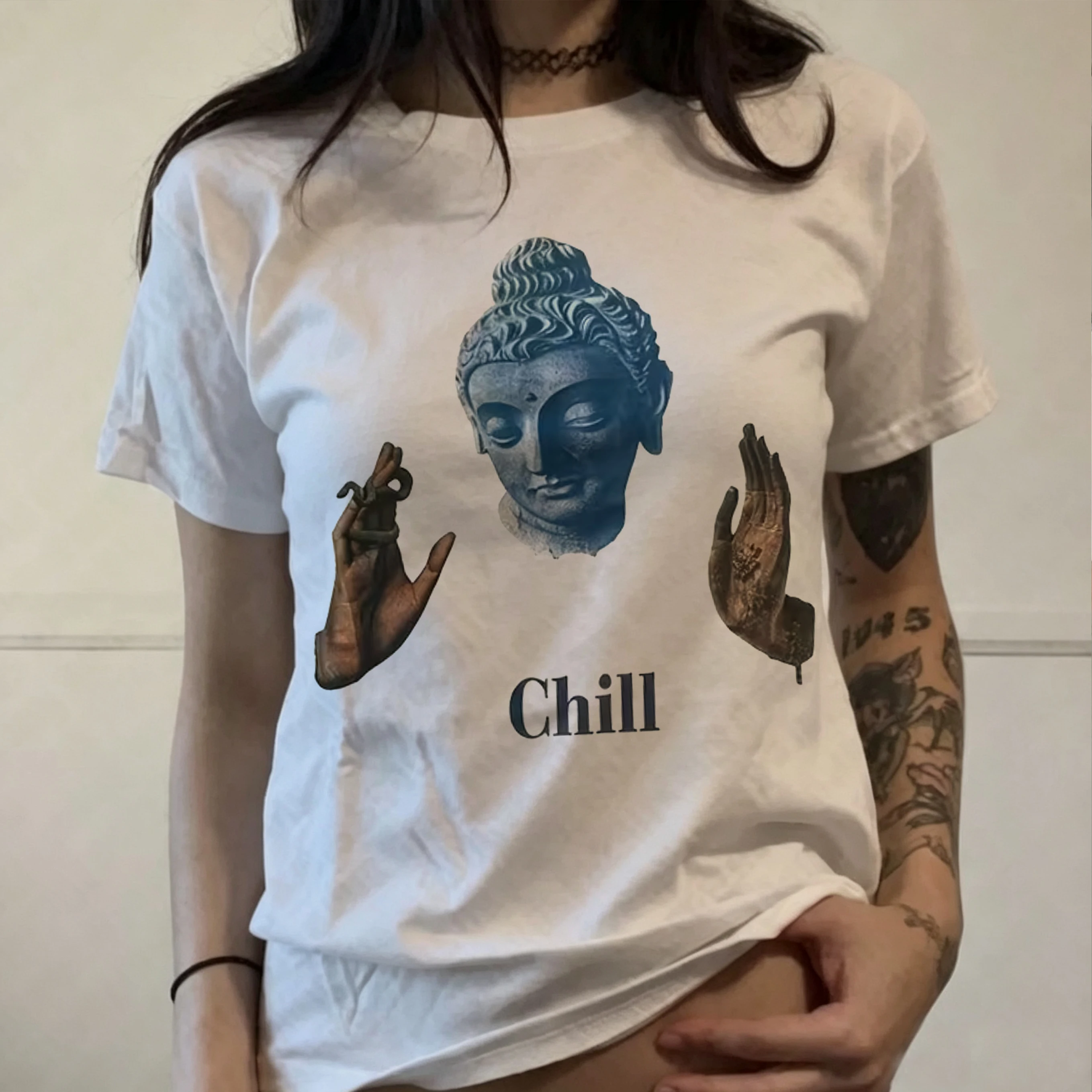 Statue Chill Print T-Shirt Short Sleeve Round Neck Casual Top Men Women's Harajuku Y2K New Trendy Pro Choice Streetwear Tee Tops