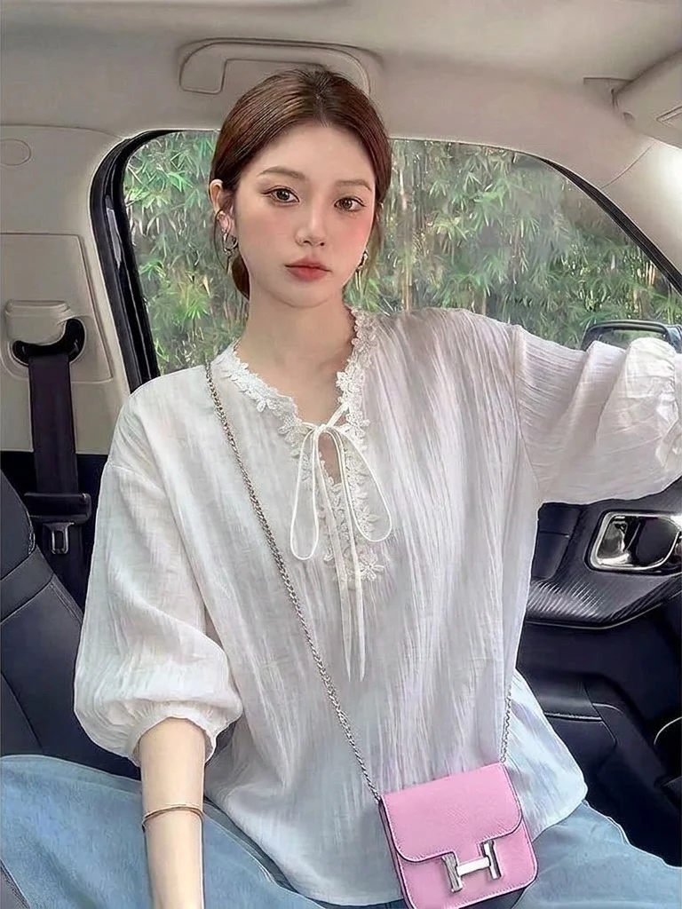 

Slim Fit Short Sleeve V-Neck Shoulder Length Shirt Women's Summer New Style plus Size Big MM Seven Sleeve Top Commute Style