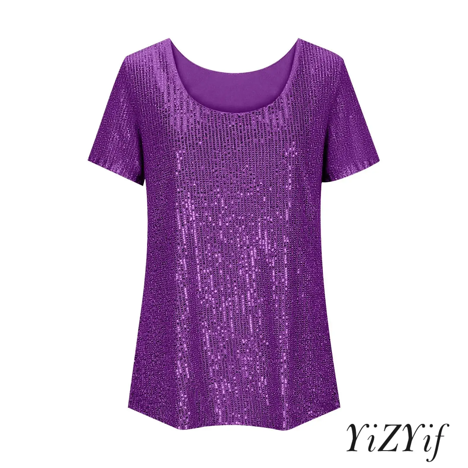 Kids Girls Sparkling Sequin Top Round Neck Short-sleeve Glittery T-shirt for Casual Daily Life Party Carnival Performance