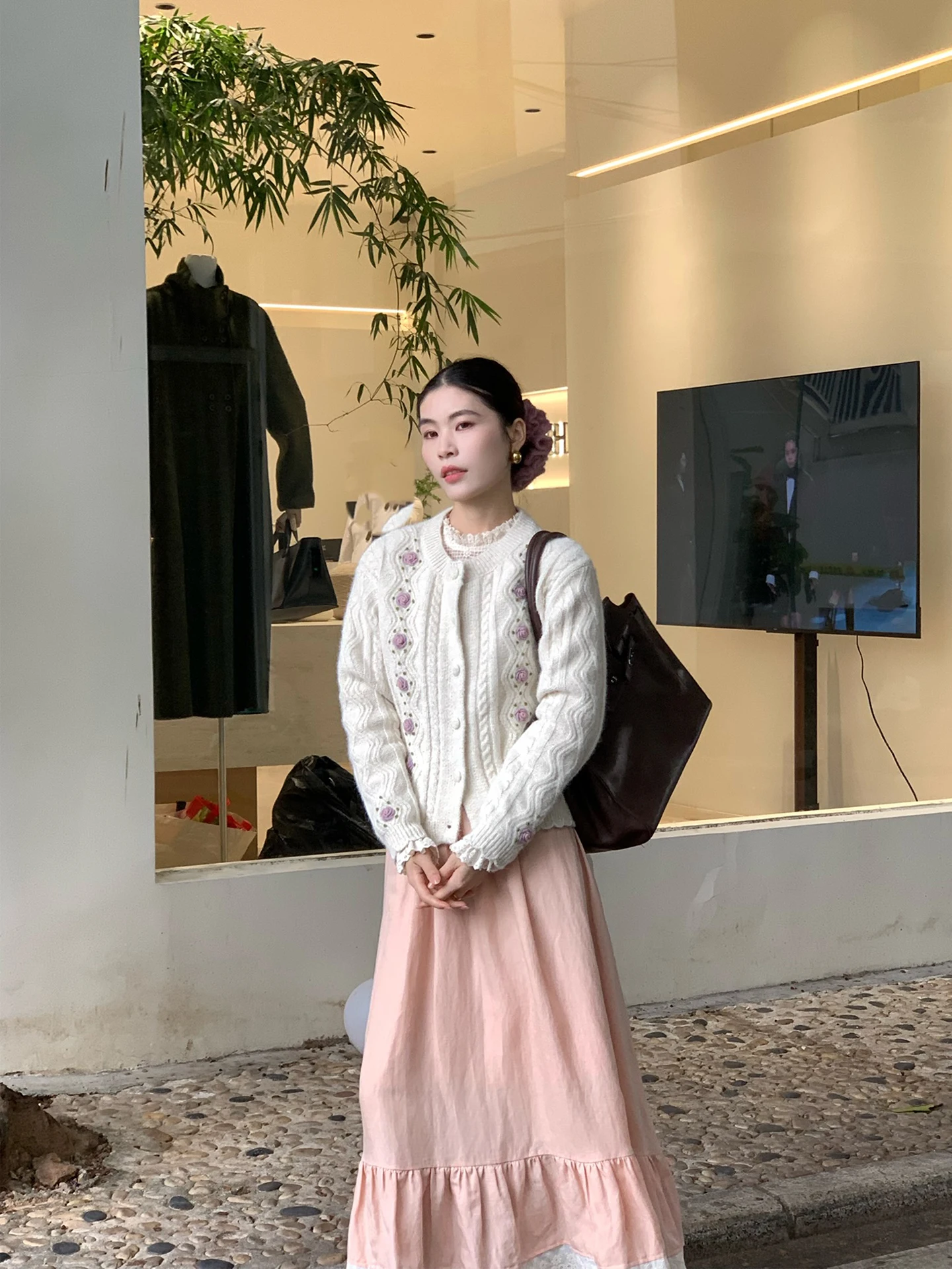 TIYIHAILEY printemps automne lin femmes robe rose à manches longues mi-mollet dames vêtements S-L Vintage taille haute 2026 dentelle