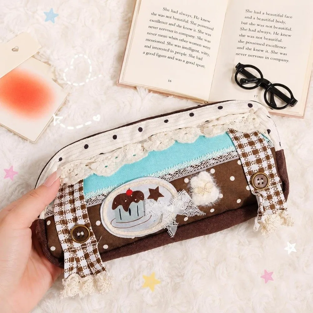 Multi Layer Rabbit Ears Pencil Pouch Large Capacity Zippered Lace Stationery Bag Handmade Polka Dots Cute Pen Storage Case