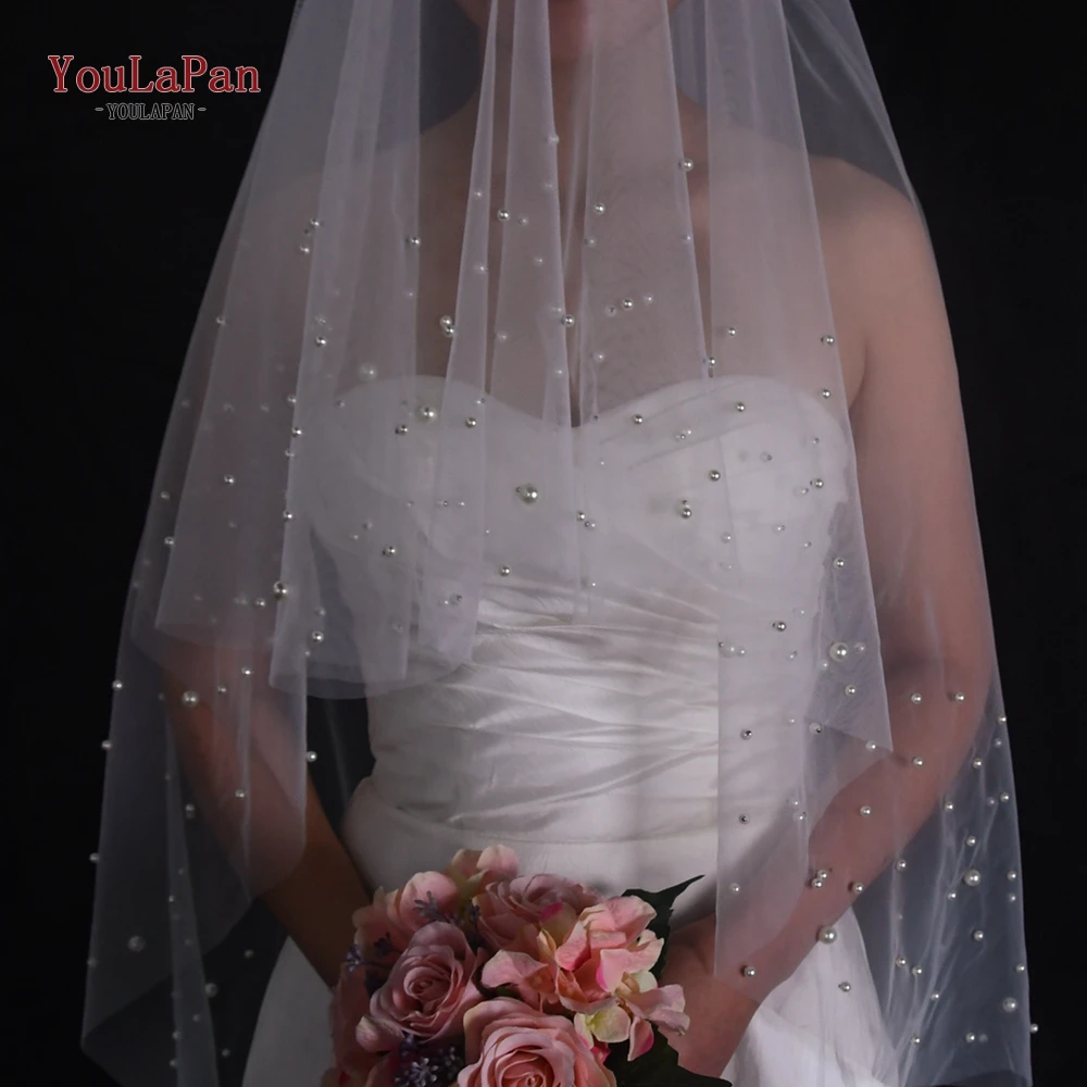 YouLaPan V114a velo da sposa con perle con fard 2 livelli velo da sposa cattedrale lunghezza velo da goccia con accessori da sposa in rilievo