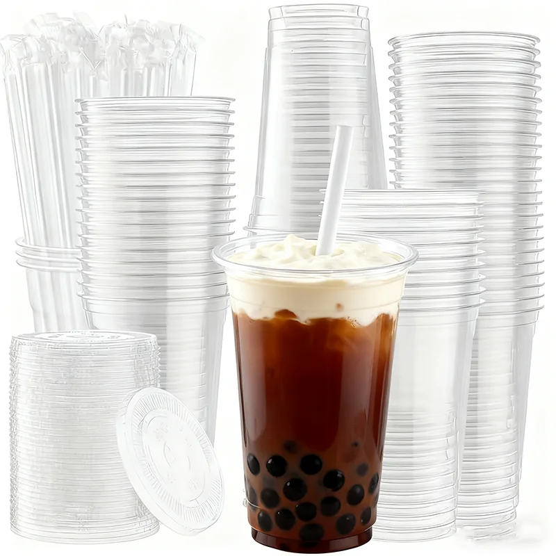 Juego de 50 tazas de té de la leche desechables con pajita, vaso de plástico desechable para beber, reuniones familiares adecuadas, bebidas frías para acampar al aire libre