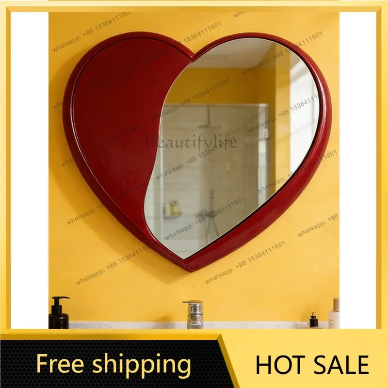 YJ Nordic Vibrant Red Heart‑Shaped Wall Mount Vanity Mirror For Bathroom Household Decor Space