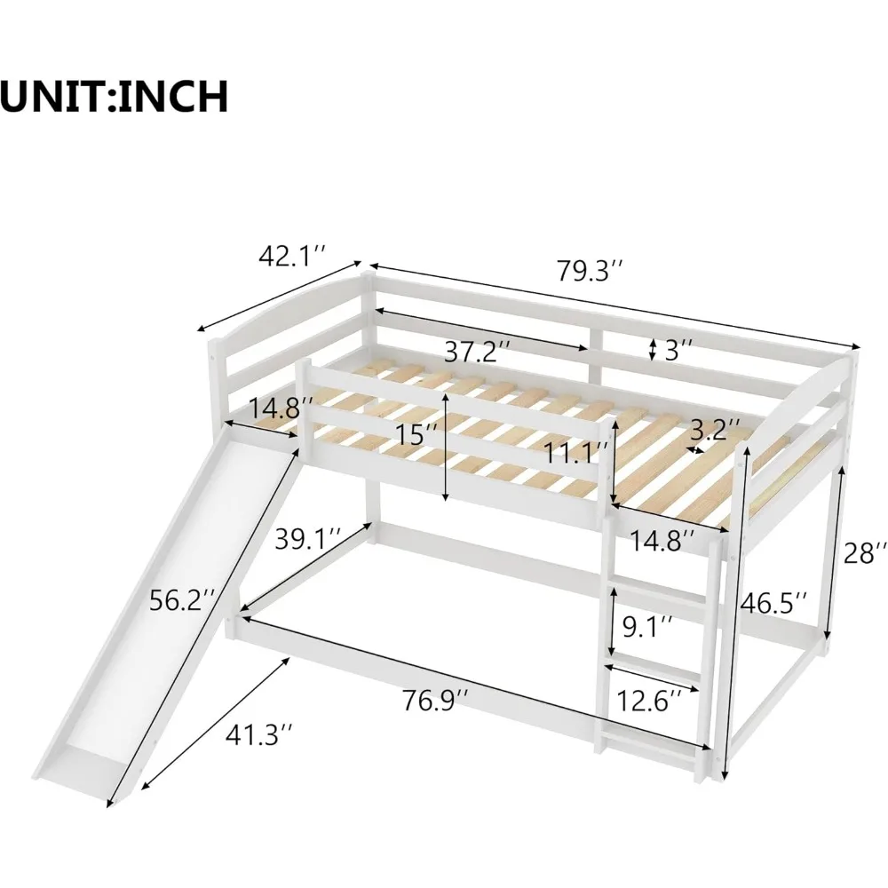 Solid Wood Twin Over Twin Low Bunk Bed w Slide, Safety Guard Rails, Wooden Twin Bunk Beds, Low Bed Frame Bedroom Furniture