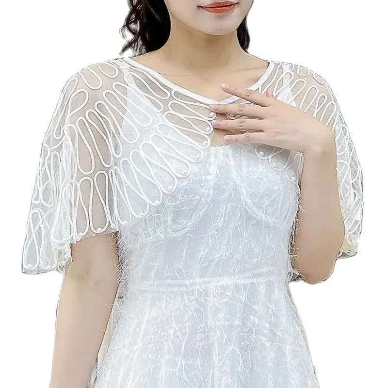 Robe de soirée en dentelle à manches courtes pour femmes, châles et enveloppes, cape pour patients, blanc et noir, été