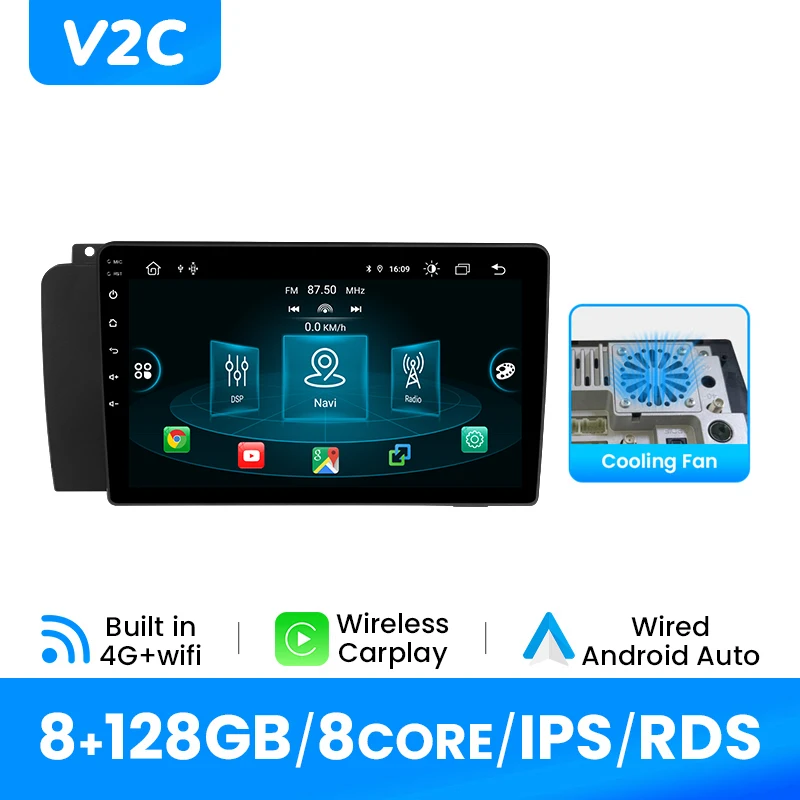 9 inch Android 14 2 DIN autoradio voor Volvo XC70/V70/S60 P24/P26 2004-2009 Draadloze Carplay & Android Auto 4G Wifi GPS Plug and Play