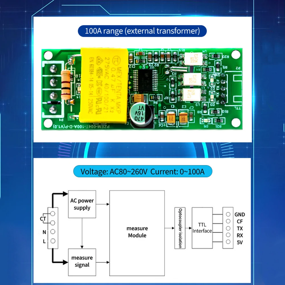 Multifunction AC Digital Meter 0-100A 80-260V Watt Power Volt Amp Current Test Module PZEM-004T For Arduino TTL COM2\\COM3\\COM4