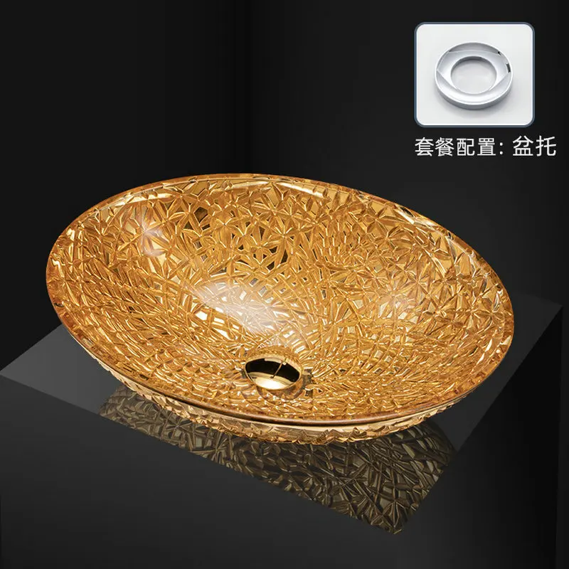 Luxury Gold Electroplated Die Cast Artistic Glass Washbasin Cylindrical Crystal Basin for Bathroom Tabletop
