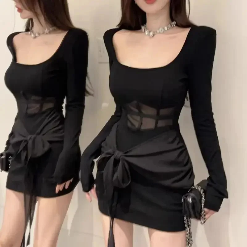 

2025 Sexy Mesh Hollow Out Bodycon Dress Women Square Collar Long Sleeve Lace Up Knot Mini Vestidos Fashion High Street Wear ﻿