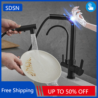 Black Touch Filter Kitchen Faucet Quality Brass Pull Out Kitchen Sink Mixer Faucets Smart Touch on Pull Out Filter Kitchen Tap