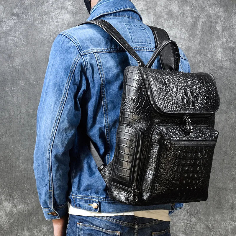 Men's large capacity multi-pocket backpack real leather crocodile print computer storage leather travel bag