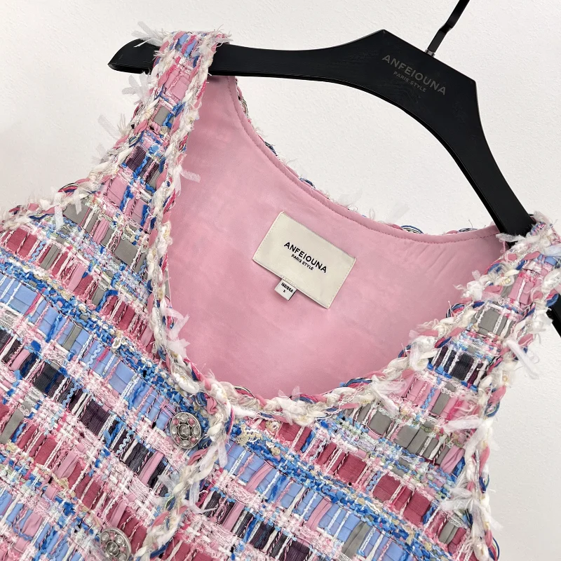 Women New Pink Small Fragrance Woven Vest Sweet High Quality Fringed Lace U-neck Tweed Sleeveless Vest Coat