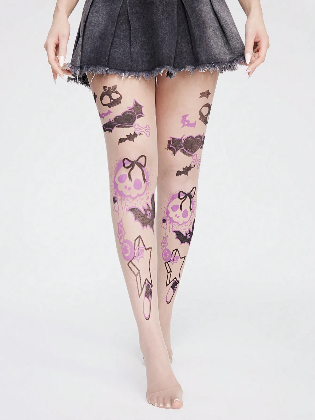 1 Skeleton Bat Printed Silk Socks, Women's Halloween Anti Hook Silk Socks Pantyhose