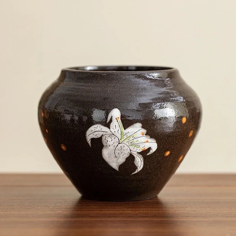 Rough Pottery Hand-painted White Lily Flower Kung Fu Tea Set Accessories Household Ceramic Tea Residue Container