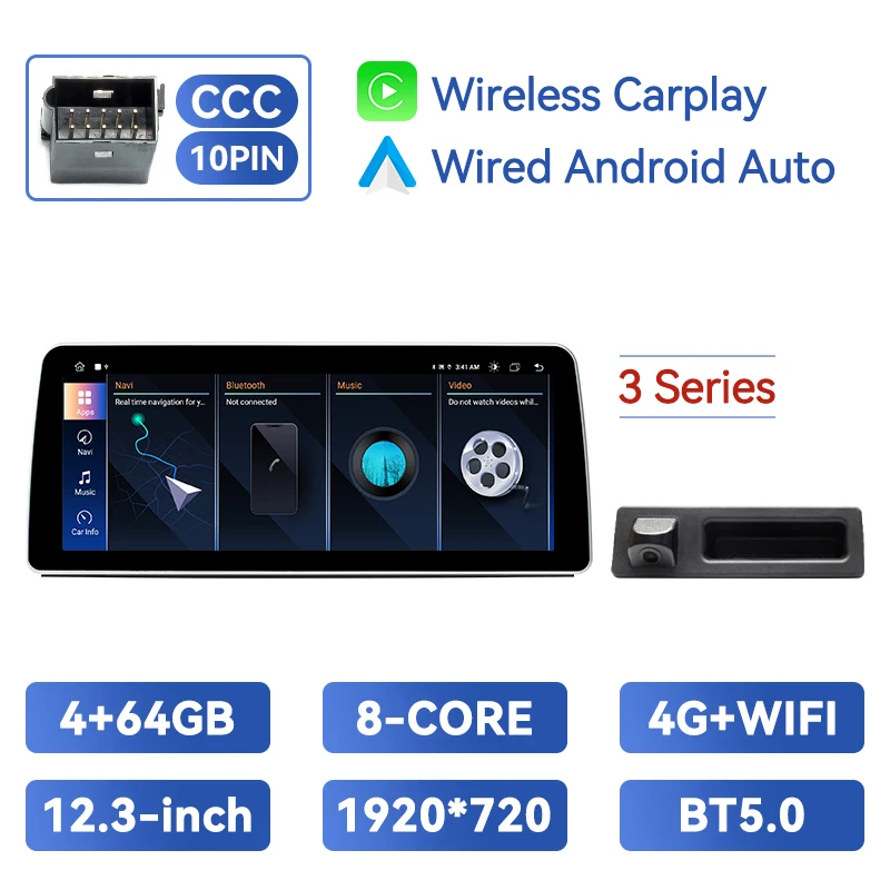 Draadloze Carplay 1920*720P 12.3Inch Android 14 Auto Multimedia Speler Voor Bmw 3/5Serie E60 E61 E90 E91 E92 E93 Ccc Cic 8Core Dsp
