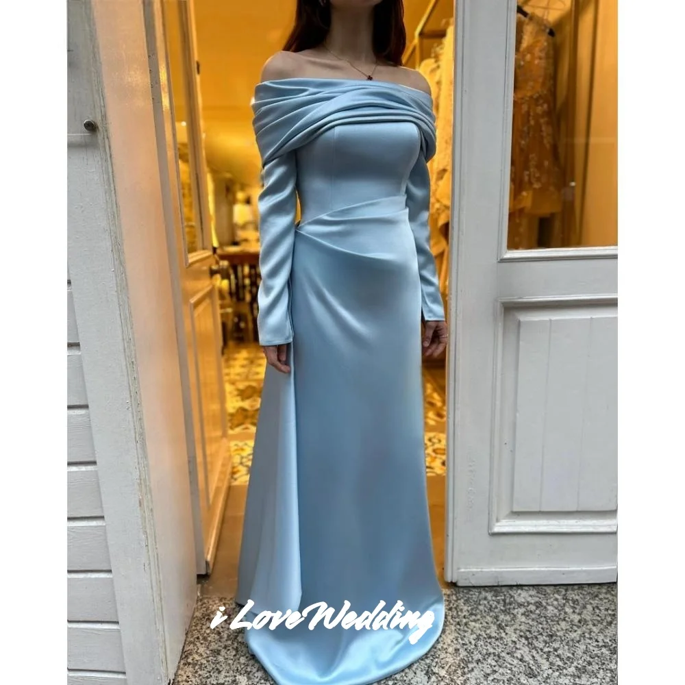 블루 스트랩리스 이브닝 드레스 2025 오프 숄더 긴 소매 A라인 바닥 길이 백리스 플리츠 웨딩 파티 드레스 맞춤 제작