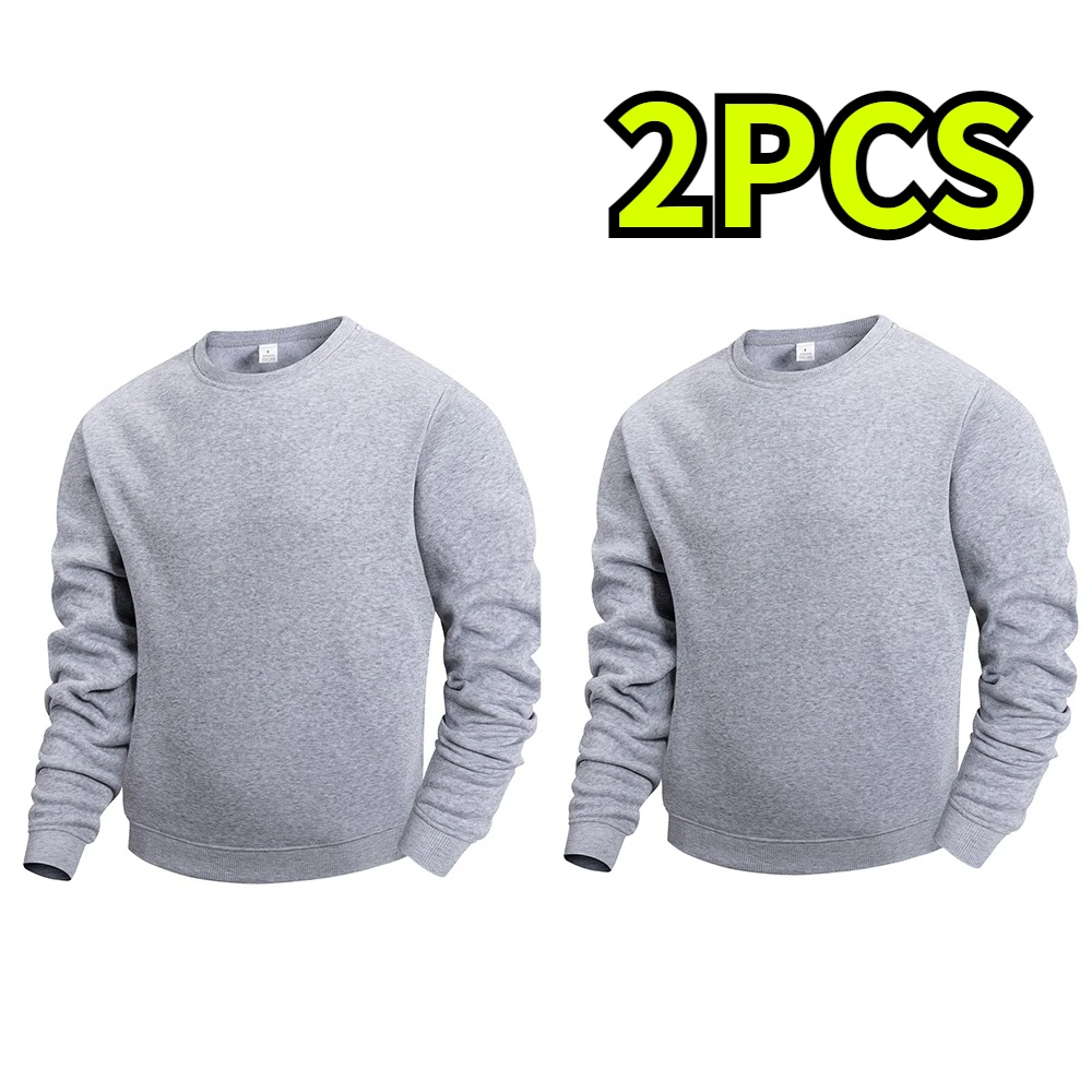 2 Pack Men Casual Crewneck Pullover Sweatshirt Solid Color Long Sleeve Breathable Durable Apparel Sports Daily Sweat Tops Daily
