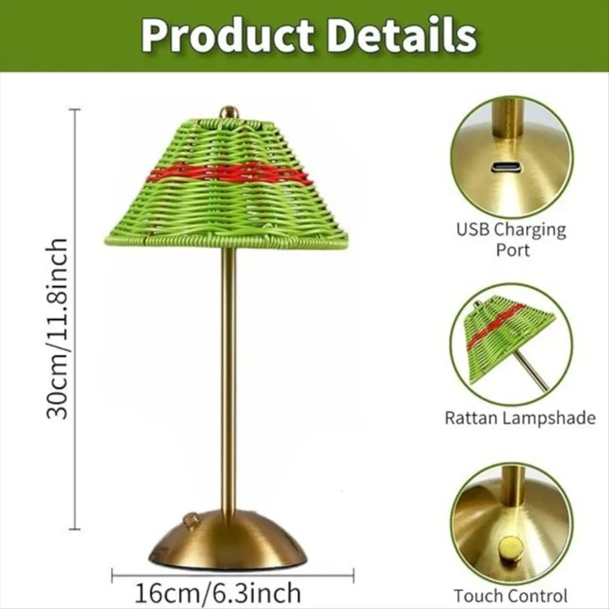 【~ Novo FDDT】Luminária de mesa LED com design em vime, recarregável, com 3 opções de luz e mudança de cor, estilo decorativo do Sudeste Asiático, cor verde.