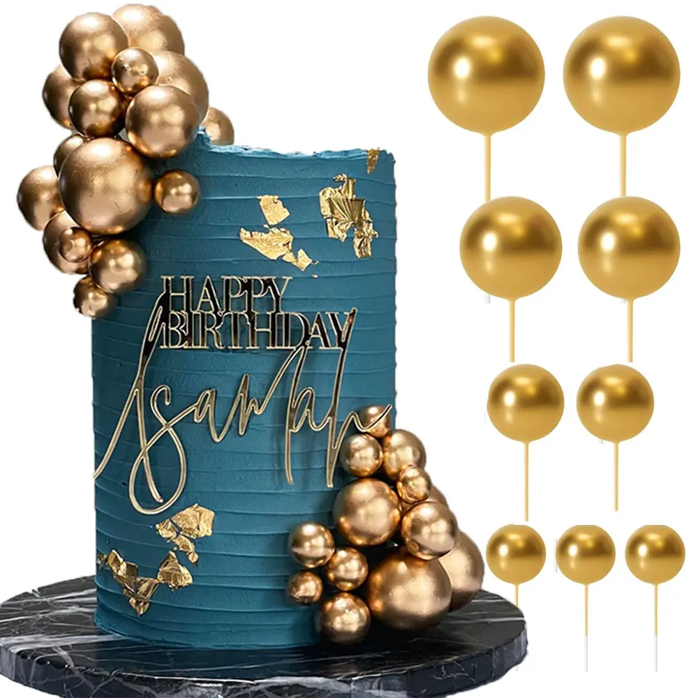 20Pcs Metal Gold Balls Cake Toppers 4 Size 2-4cm Gold Cake Foam Balls for Birthday Graduation Wedding Cupcake Cake Decorations