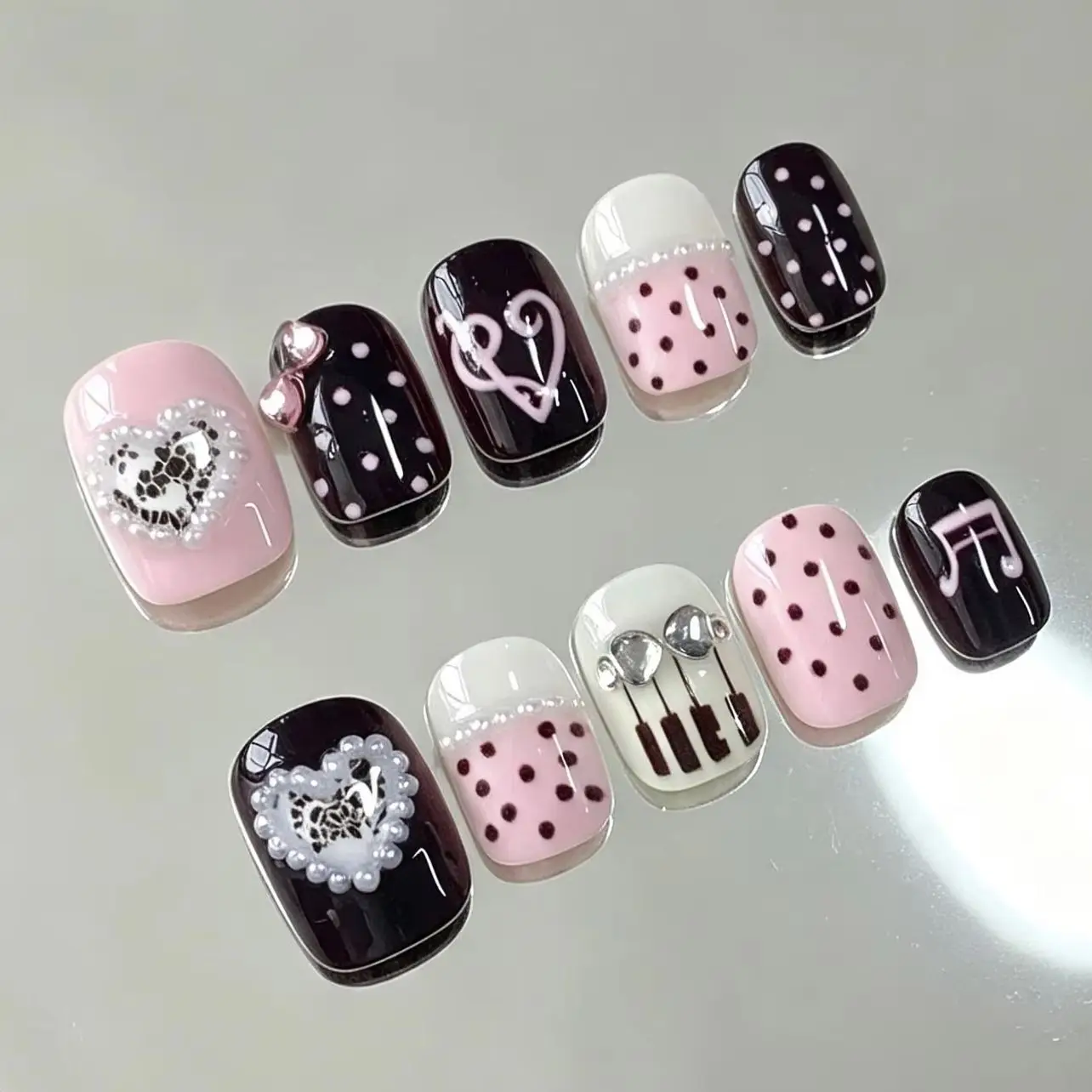 Schwarz-Rosa Süße Coole Lolita Musiknoten-Nagelkunst, mit Jelly-Kleber und Streifen Innen – Detail 3