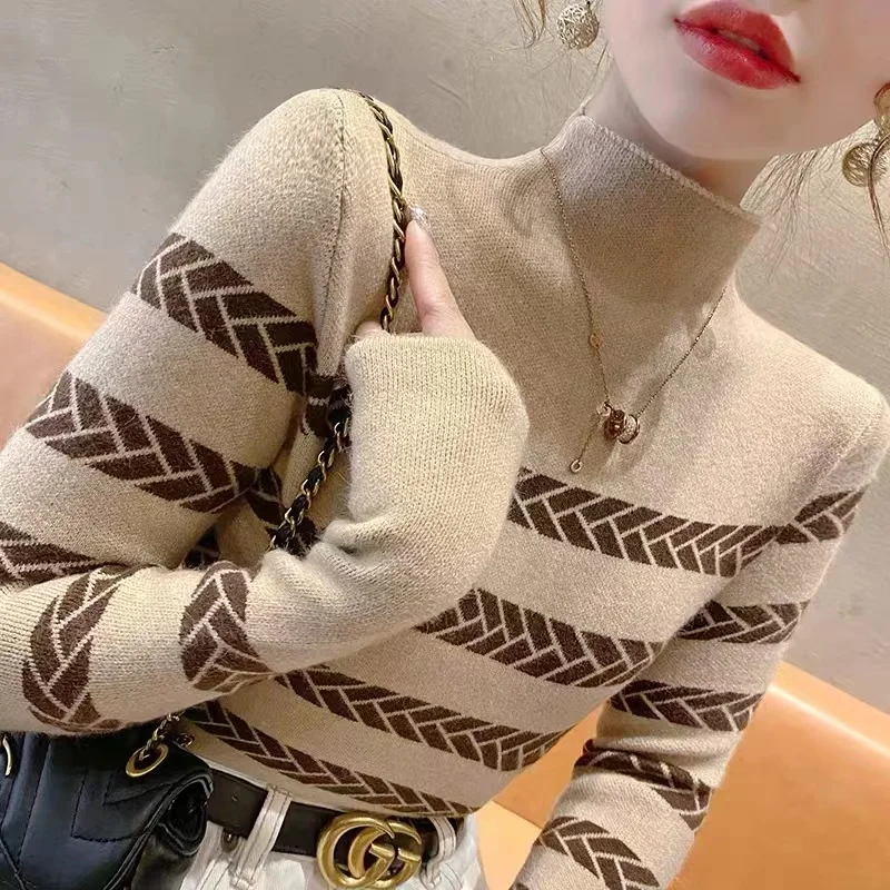 Women Clothing Vintage Chic Striped Knit Pullovers Autumn Winter Fashion Slim Half High Collar Long Sleeve Sweaters Lady Y2k Top