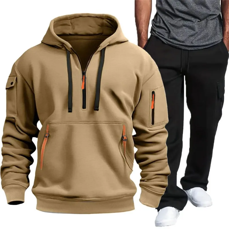 Men Hoodie Sweatshirt Set Half Zip Multi Pocket Hooded Top And Cargo Pants Two Piece Set gallery 5