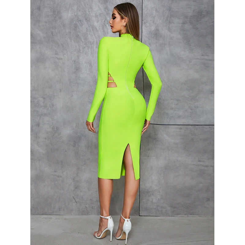 MSMUSI 2024 New Fashion Women Sexy Solid Hollow Out Long Sleeve Backless Bandage Bodycon Party Club Slim Midi Dress Vestidos