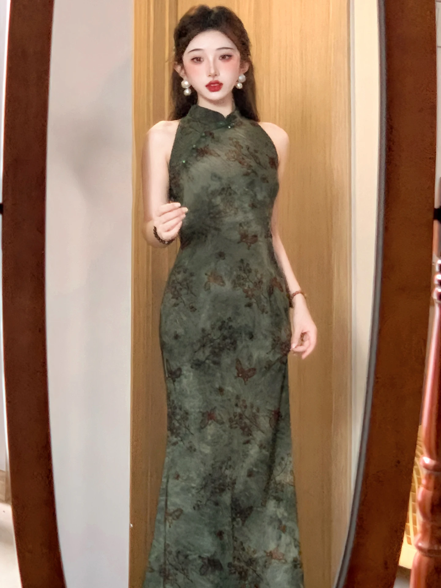 

een Vintage Sle Sexy Ne Hanging Velvet Young Women's Long Skirt Breathable No Sve Floral Patterned Dr