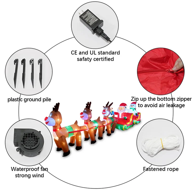 4.2m Eco-friendly Christmas Inflatable Outdoor Three Reindeer Sleigh Santa Claus And Snowman Air Model Patio Decoration