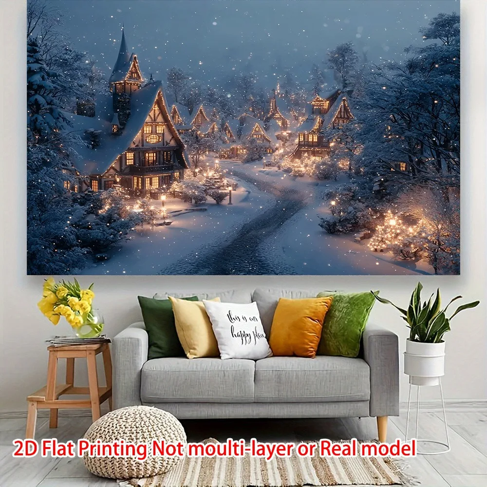 2D Flat, Winter Wonderland Snowy Village Tapestry with Twinkling & Snow-Covered Houses - Horizontal Flannel Wall Hanging Suitabl