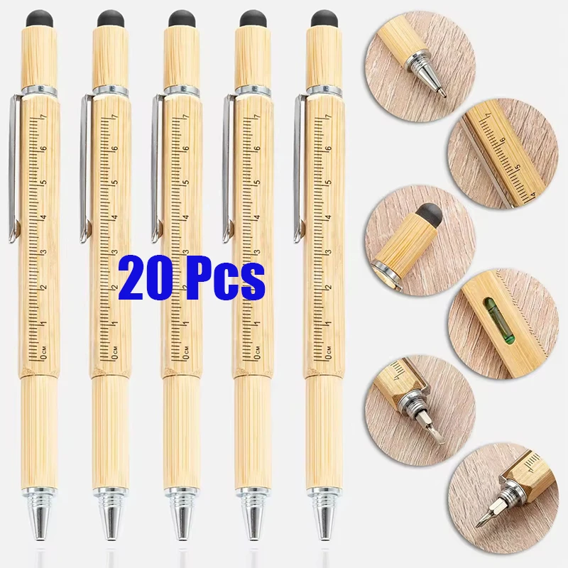 20-boligrafos-multifuncionales-de-bambu-6-en-1-boligrafo-multiusos-con-regla-nivel-de-burbuja-destornillador-plano-y-cruzado