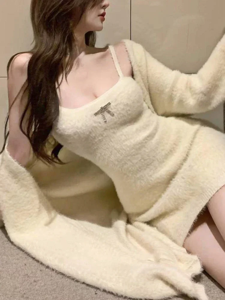 

Elegant Knitted Two Piece Set Women Casual Party Dress Set Female Korean Fashion Vintage Sweet Sweater Dress Suit 2025 Autumn