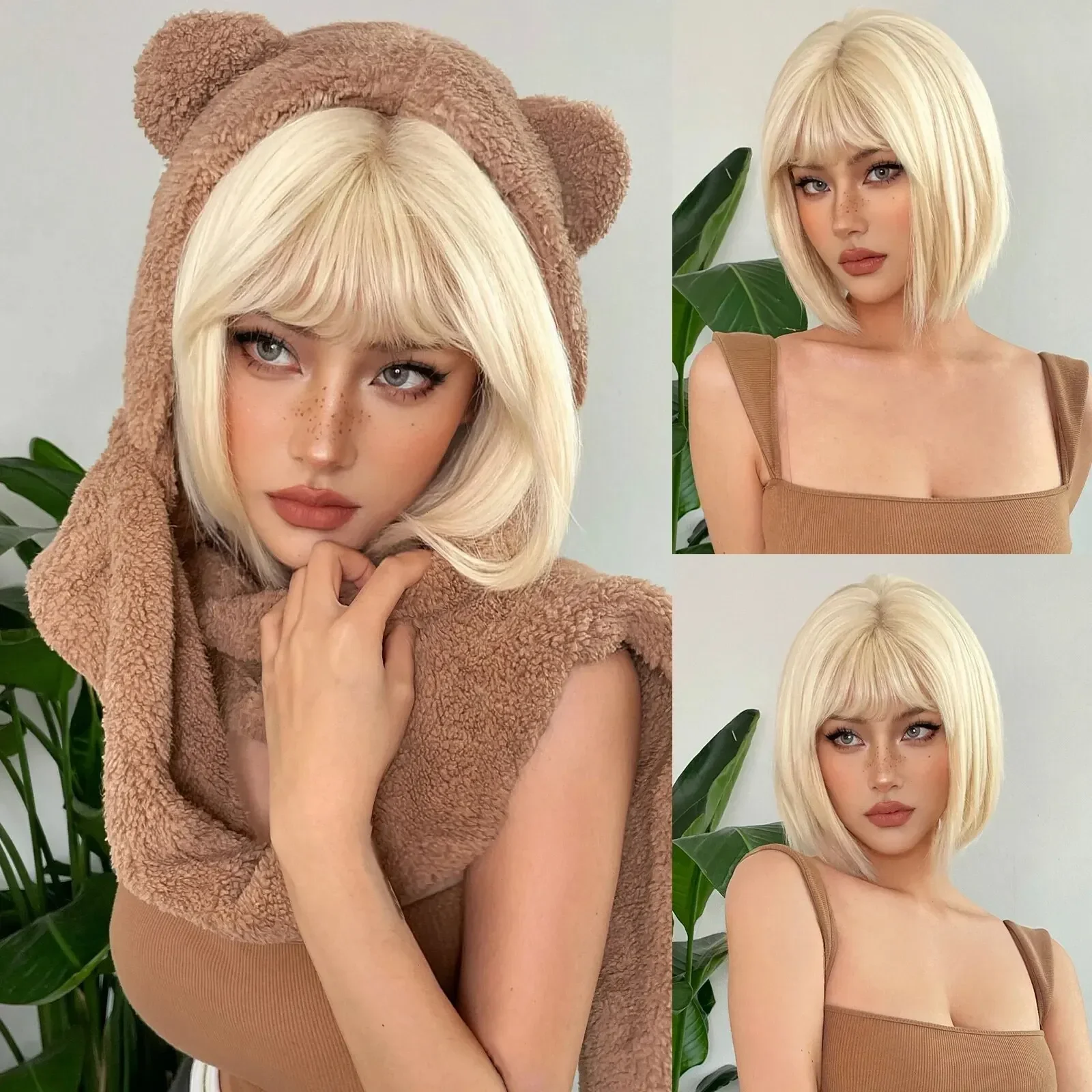 

Woman Wigs Platinum Blonde Short Bobo Synthetic Natural Hair with Bangs for Women Cosplay Party Cute Wigs Heat Resistant Fiber