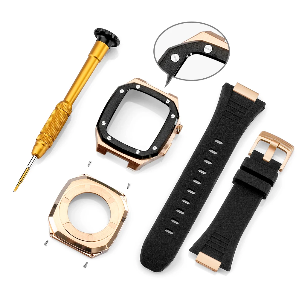 

Luxury Modification Kit 316 Stainless Steel Protective Case Cover With Silicone Strap For Apple Watch4 5 6 7 SE 41 44 45mm Band