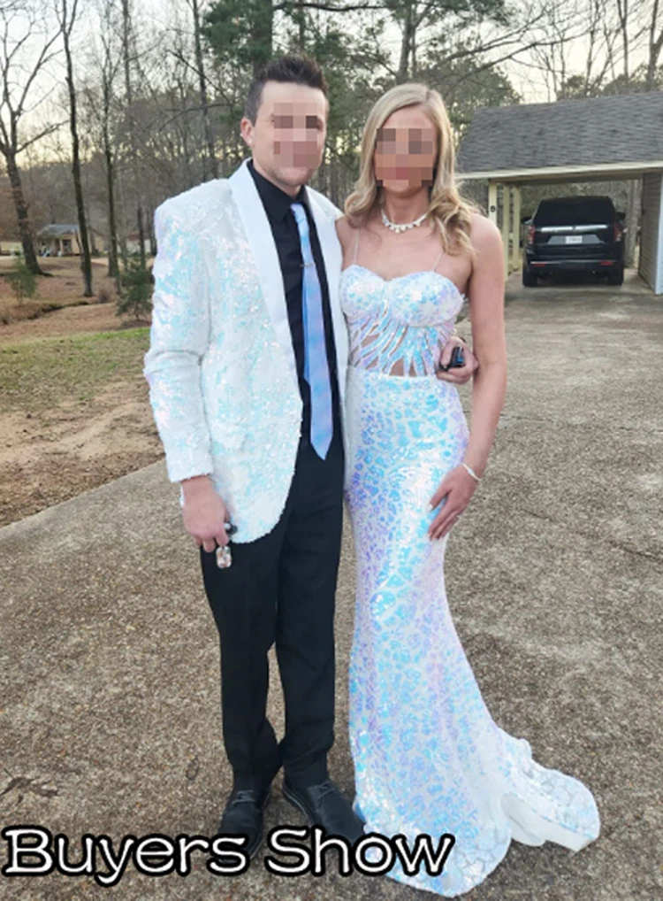 Shiny White Sequin Glitter Tuxedo Blazer Men 2023 New Shawl Collar One Button Dress Suit Jacket Mens Wedding Party Stage Clothes