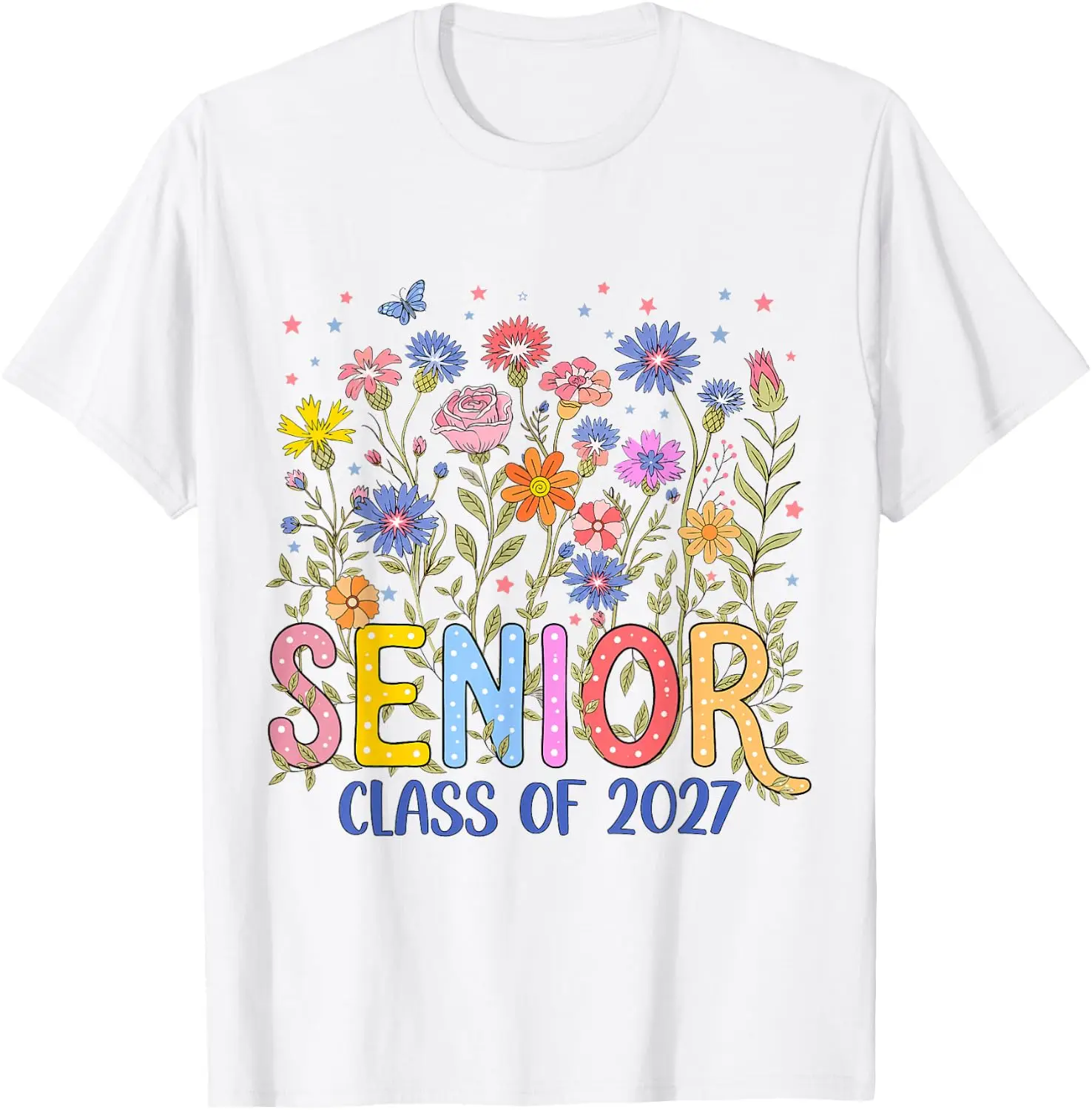 

Girl Senior Class Of 2027 Floral Flower Graduation Grad T-Shirt Summer short-sleeved breathable sweat-wicking versatile fashion T-shirt for back-to-school season, unisex, Y2K Fashionable Cartoon Anime