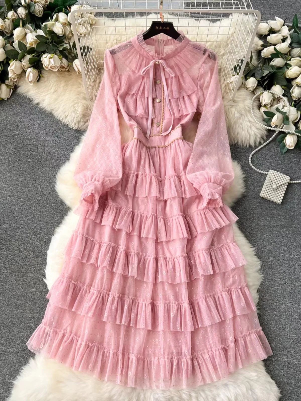 

French Palace Style Dress Sweet Mesh Princess Skirt Ruffled Edge Medium Length Ruffled Collar Cake Skirt Spring Women'S Clothing