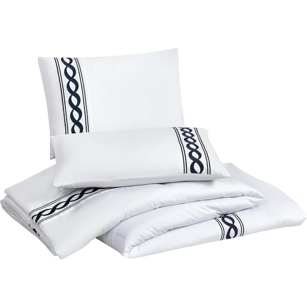 طقم لحاف فاخر من الساتين القطني المطرز مكون من 3 قطع قابل للعكس - مقاس كامل/الملكة، أبيض #4