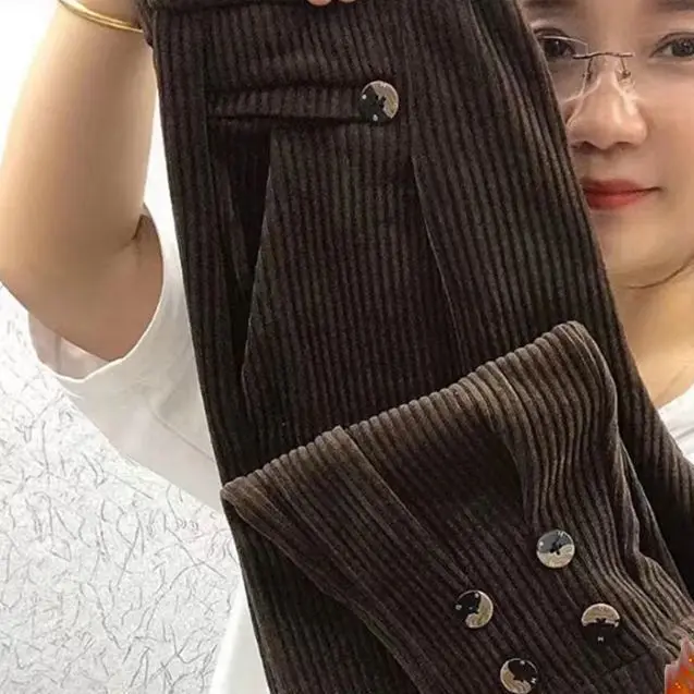 

Autumn Winter New Fashion Elastic Waist Corduroy Pants Solid Women's Clothing Casual All-match Pocket Warm Chic Straight Pants