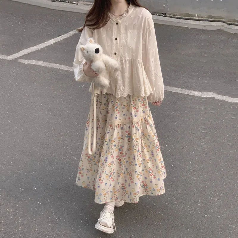 Vintage Floral Print A-line Pleated Long Skirts Korean Casual Women's Skirts for Female Streetwear Elastic High Waist Midi Skirt