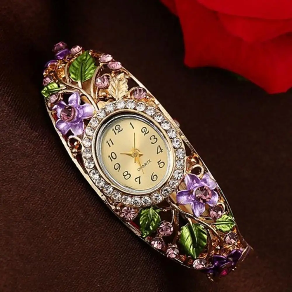 Retro Women Wrist Watch Rhinestone Flower Bracelet Bangle Oval Dial Analog Quartz Watch relogio feminino часы женские