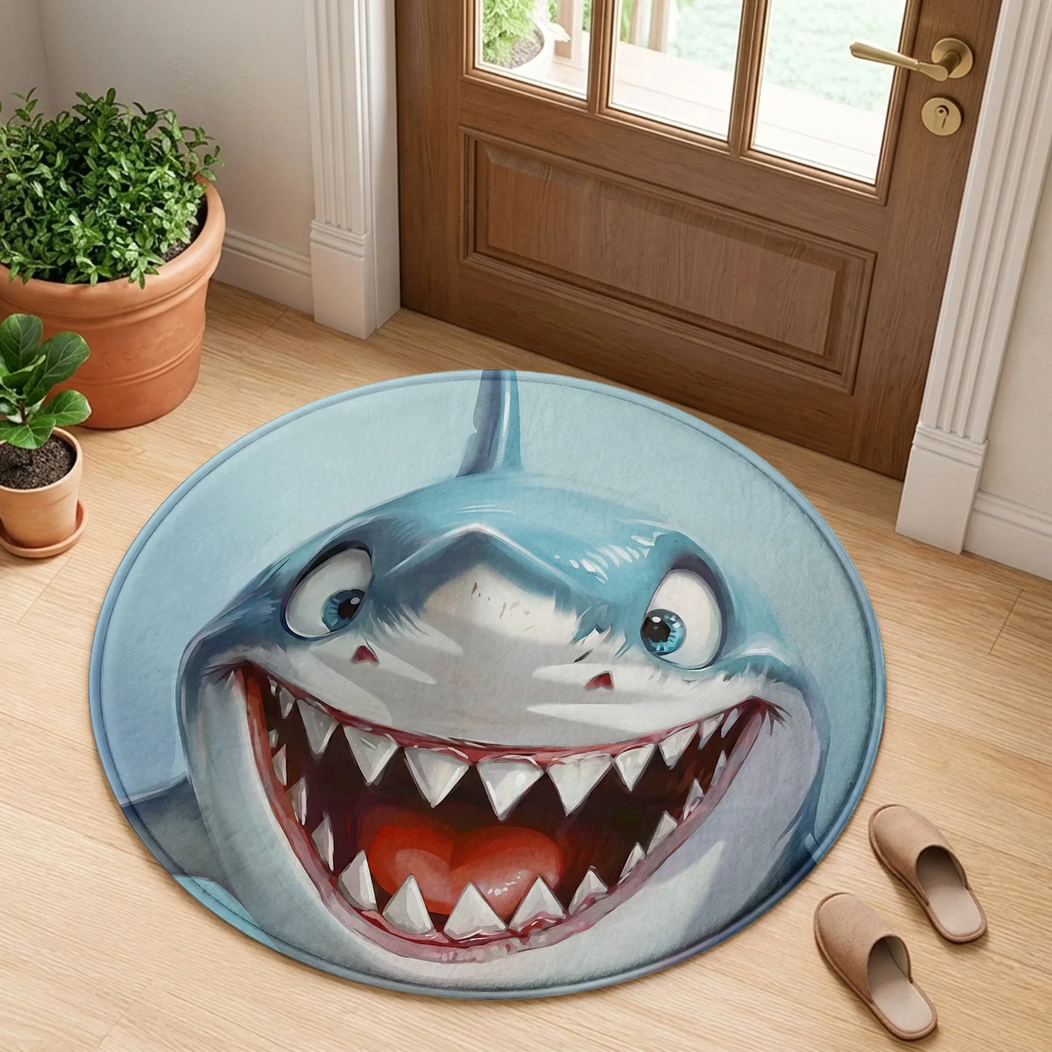 3D Realistic Shark Round Floor Mat, Funny Shark Face Non-Slip Rug for Living Room, Bedroom, or Entryway