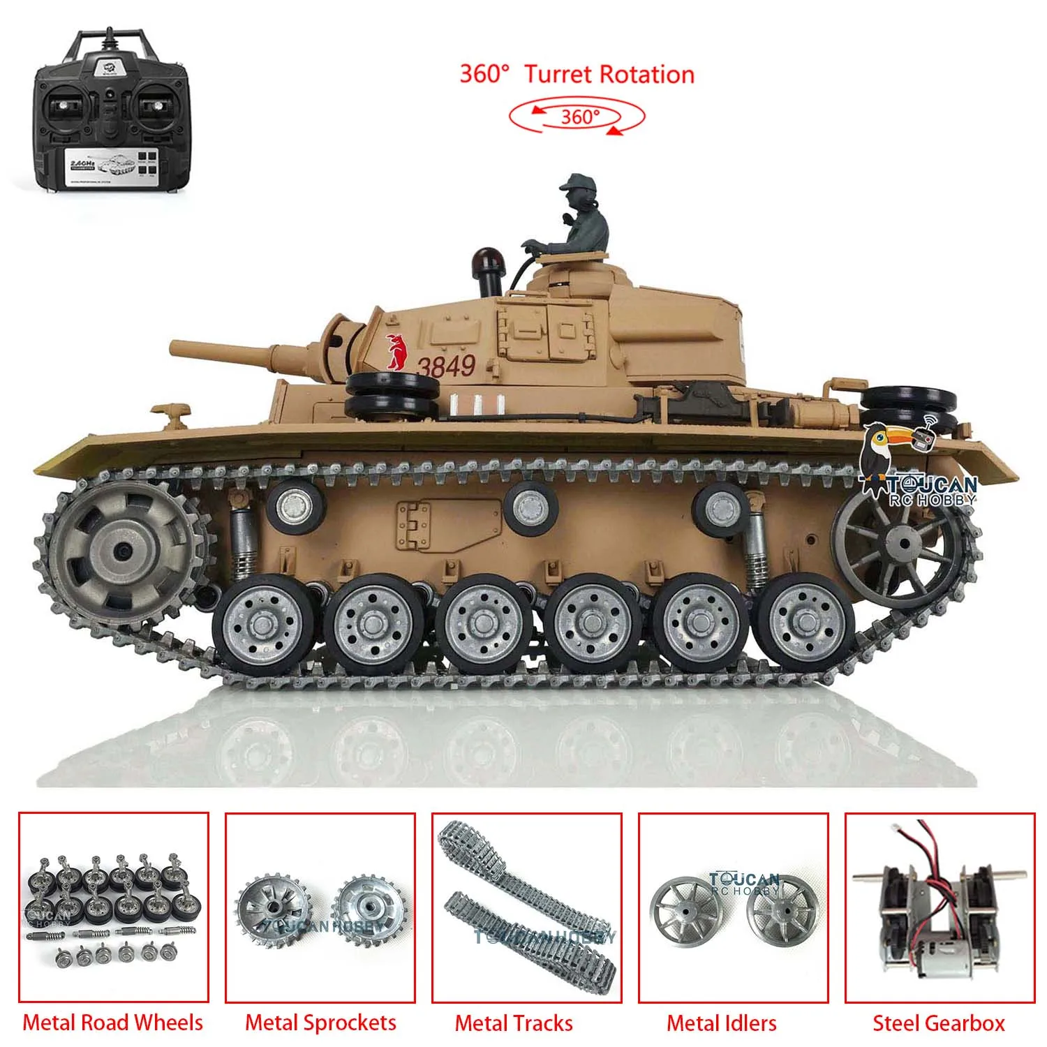 HENG LONG 1/16 7.0 Tùy Chỉnh Panzer III H RTR RC Xe Tăng 3849 Kim Loại Bài Nhạc Bánh Xe Thép Con Quay Bánh Xe BB Chụp Hình vàng TH17369